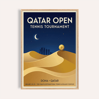 Qatar Open Tennis Print framed close-up showing minimalist tennis ball on golden sand dunes under night sky