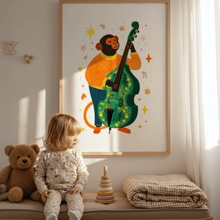 Musical Monkey Art Print with a monkey playing a green double bass in a sunlit child's room near teddy bear