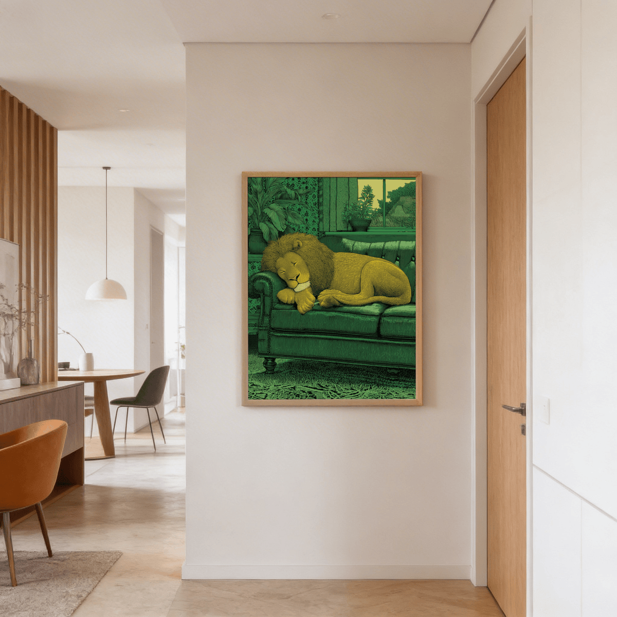 Sleeping Lion Print hanging in a hallway showing a yellow lion on a green sofa with plants