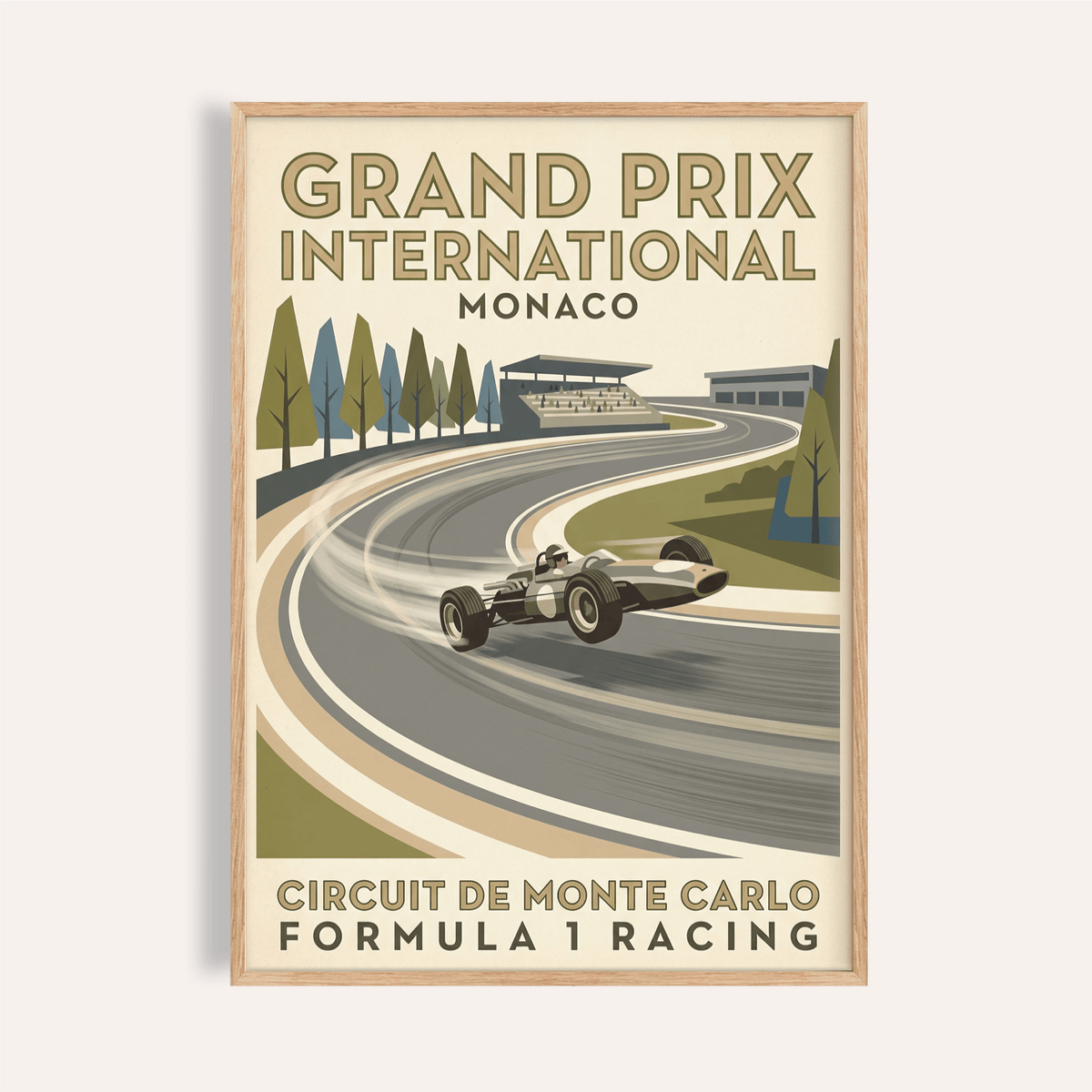 Vintage Open Wheel Racing Print showing open-wheel vehicle on sweeping track curve with vintage style