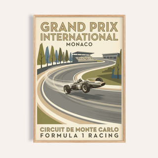 Vintage Open Wheel Racing Print showing open-wheel vehicle on sweeping track curve with vintage style