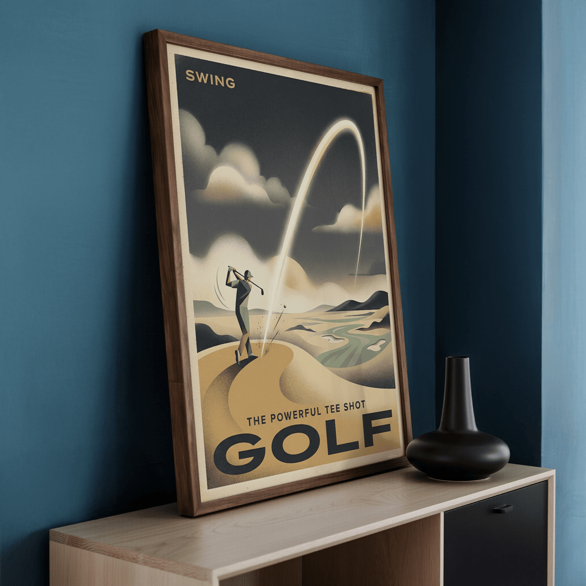 Framed Golf Tee Shot Art Print showing retro style golf player and curved shot path leaning on cabinet with vase
