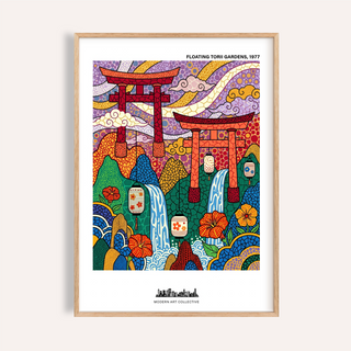 Japanese Garden Art Print framed close-up showing an abstract illustration of floating torii gates with vibrant colours