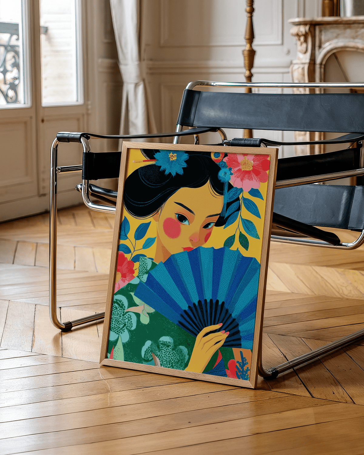 Geisha Pop Art print leaning on a black chair with blue fan and floral patterns in a bright room