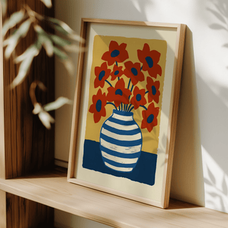 Print leaning on a shelf of a striped vase with red flowers in a minimalist style with mid-century colours and light wood frame