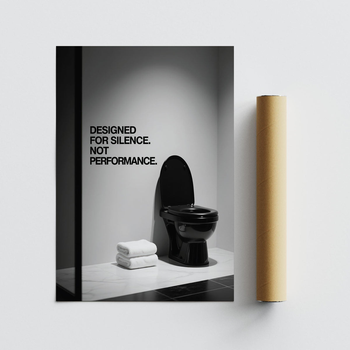 Funny Toilet Wall Art print laid flat beside a brown packaging tube on a grey surface
