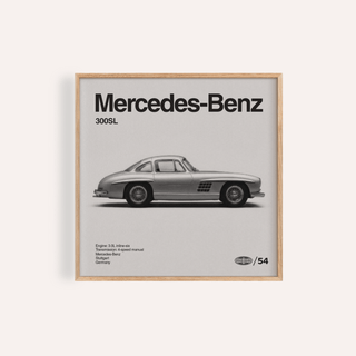 Classic Gullwing Sports Car Poster side view of silver coupe with wire-spoke wheels