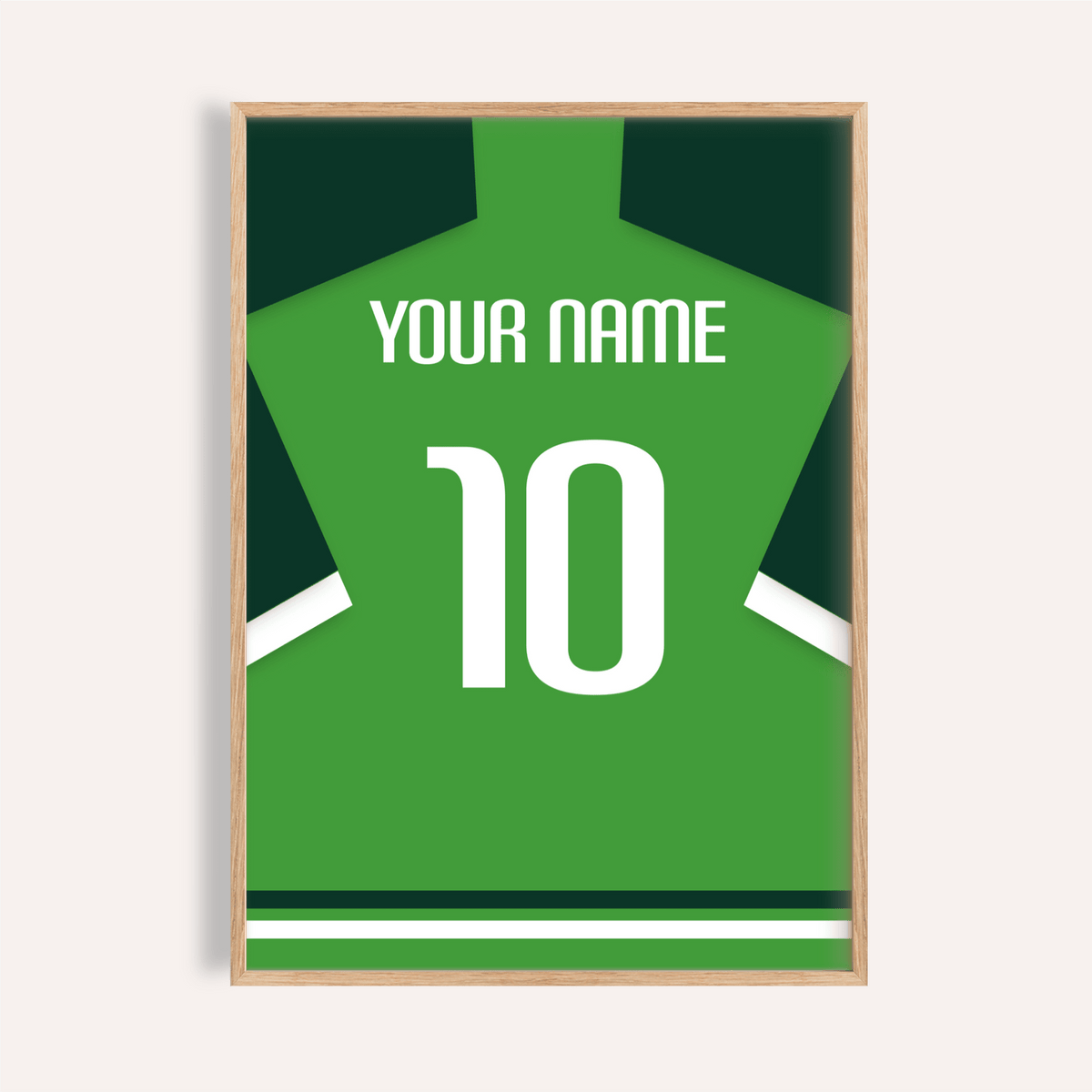 Framed print close-up of a green football shirt poster with dark green sleeves and the number 10