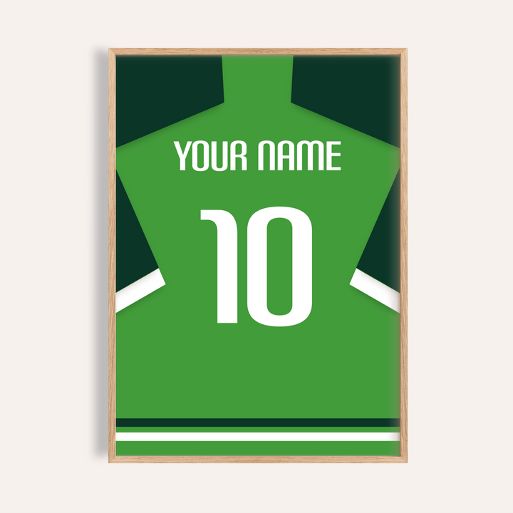 Framed print close-up of a green football shirt poster with dark green sleeves and the number 10