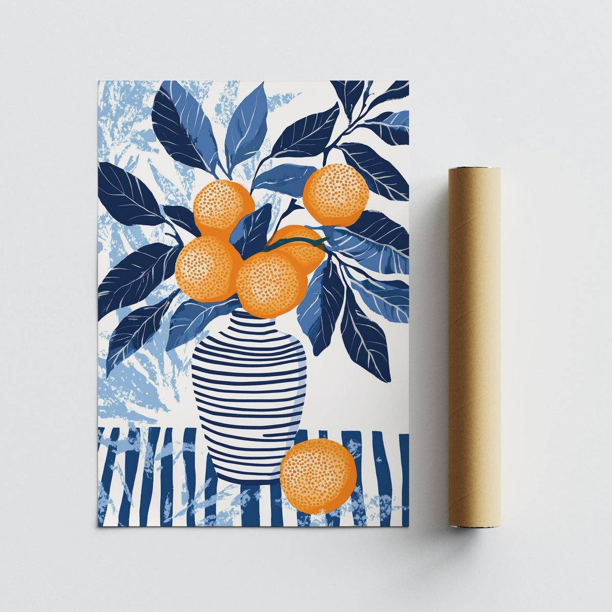 Rolled print of orange blue wall art with oranges in striped vase and brown packaging tube