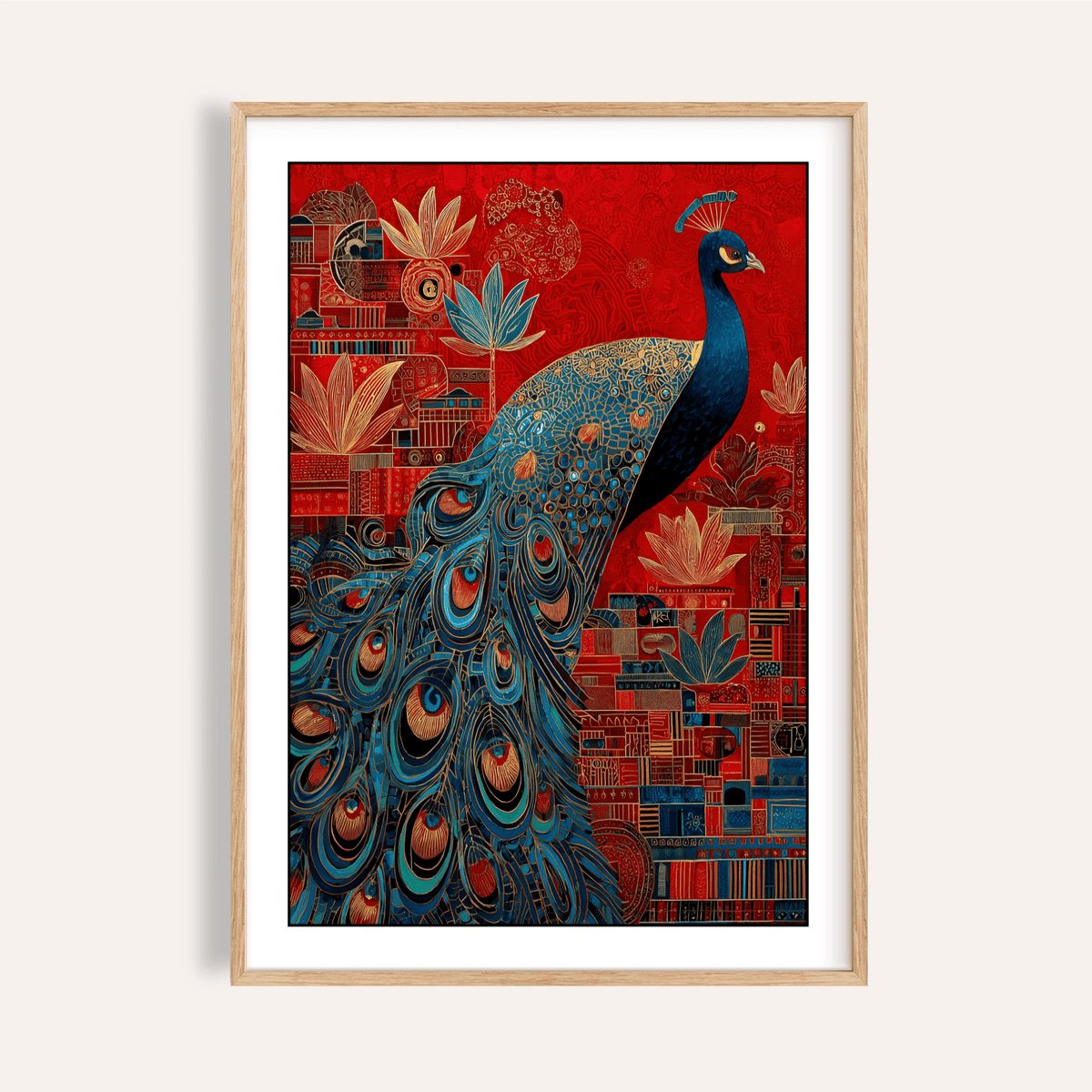 Framed Indian Peacock Art Print showing detailed blue and gold peacock on red background
