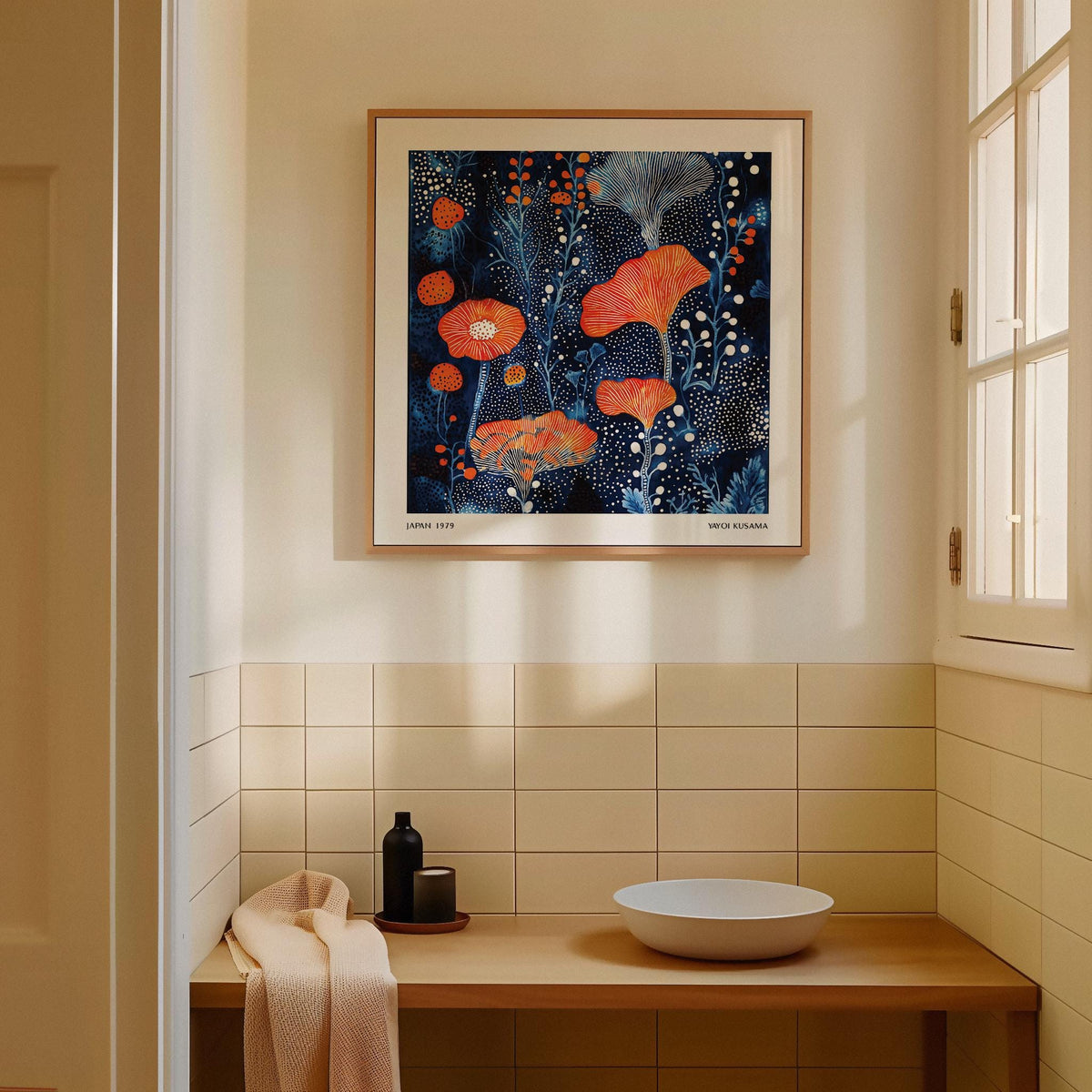 Abstract Flower Art wall art of coral dots pattern in orange and blue above a bathroom sink