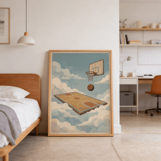 Basketball Court Art Print leaning on the floor with retro blue sky and clouds next to a wooden bed