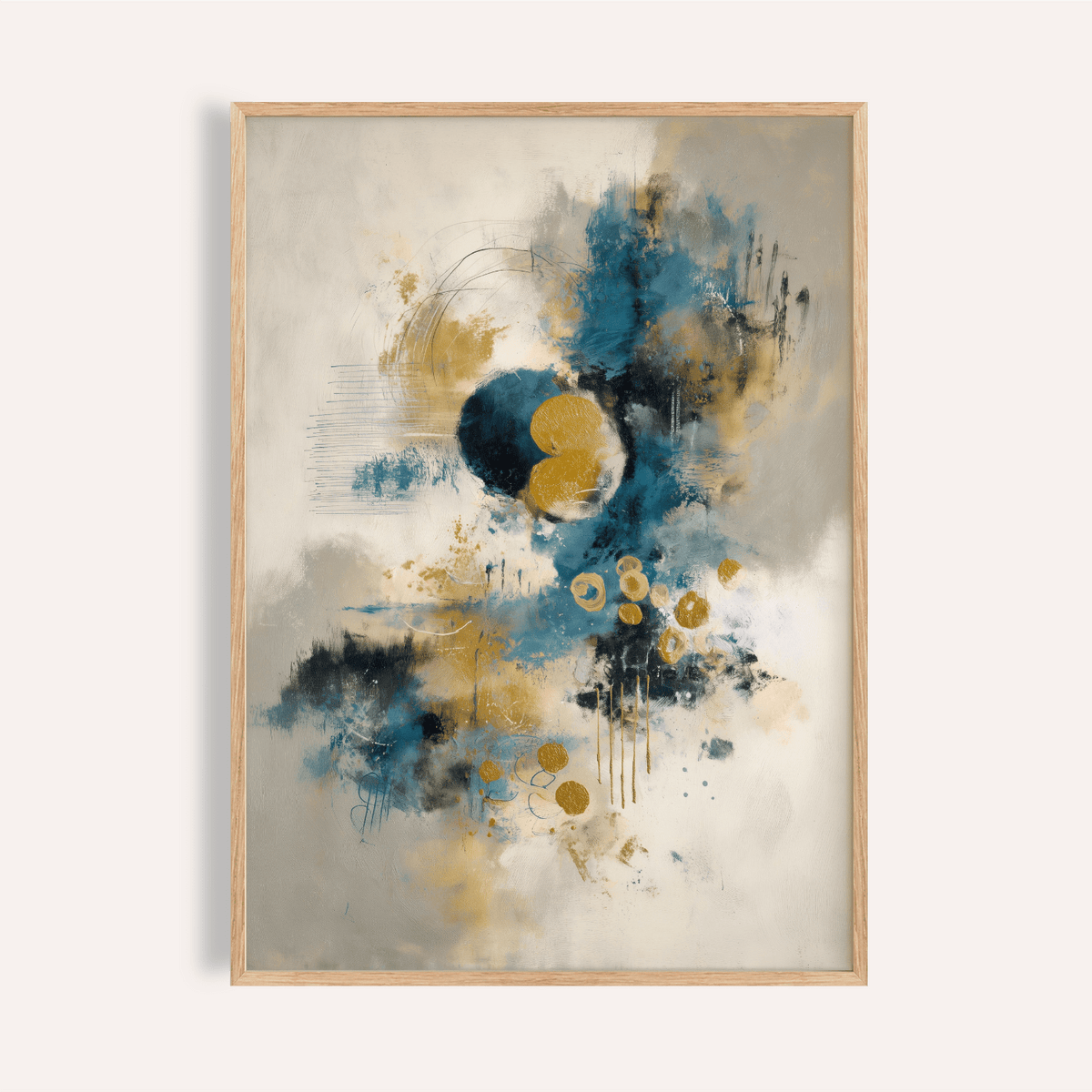 Framed abstract blue gold wall art with circular shapes in cream background