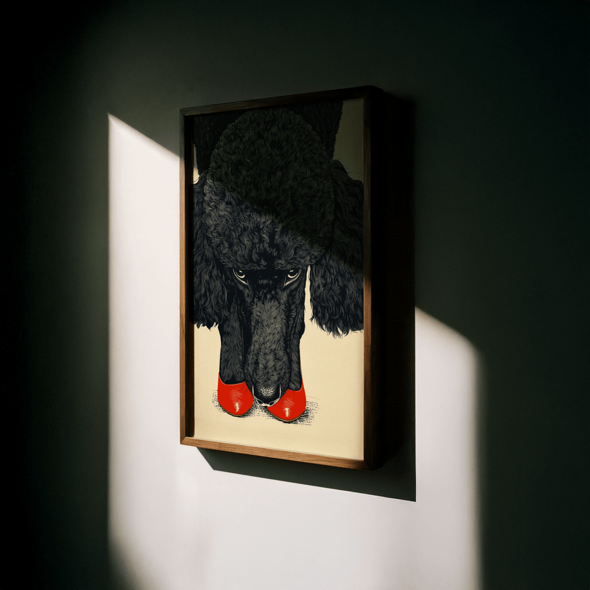 Poodle wall art close-up of black poodle with bright red shoes in a wooden frame