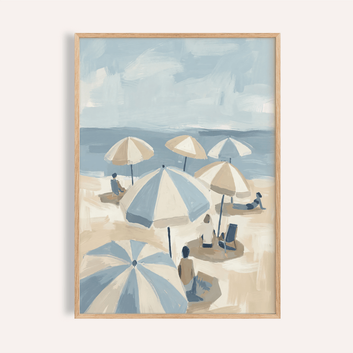 Framed Beach Umbrella Art showing six umbrellas and figures in muted blues and browns
