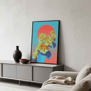 Vibrant Floral Wall Art print leaning on a shelf with a black vase and bowl nearby in a living area