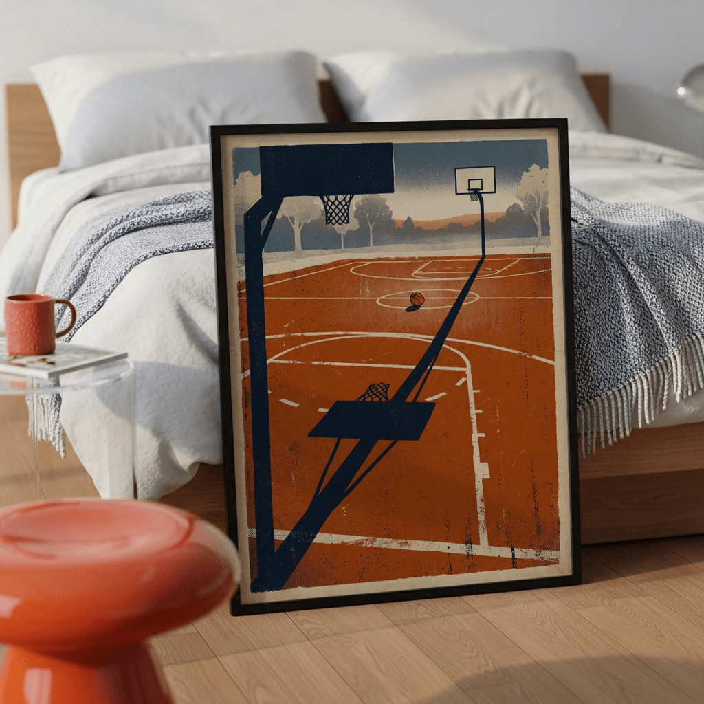 Print leaning on floor of outdoor sports wall art showing a basketball hoop and ball with sunset colours next to an orange stool