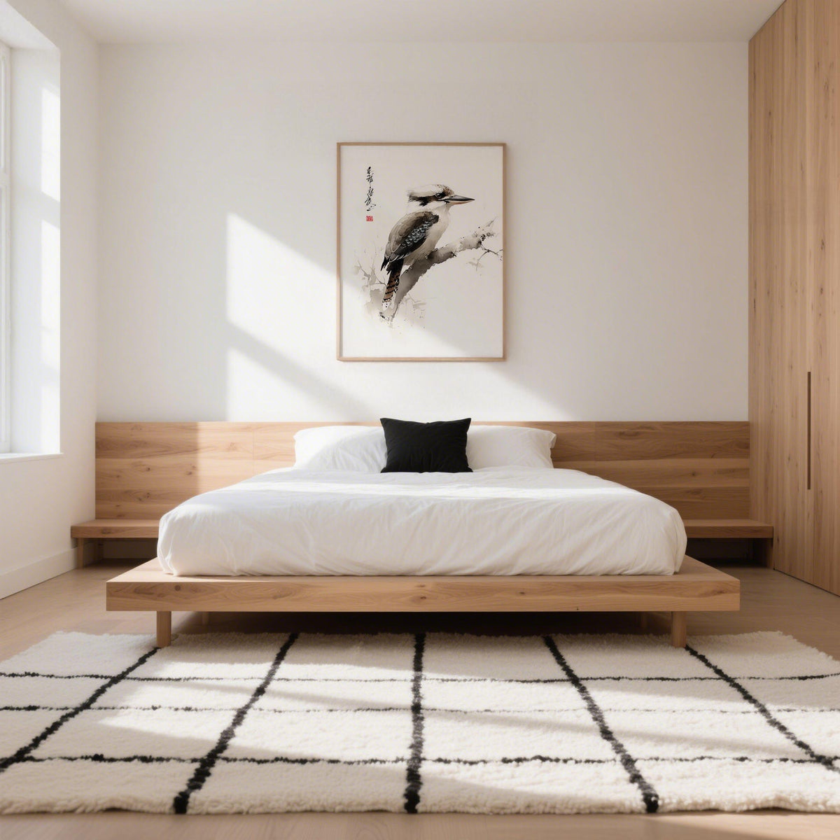 Japanese Bird Art print of a kookaburra on a branch in watercolour hanging above a wooden bed in a minimalist bedroom