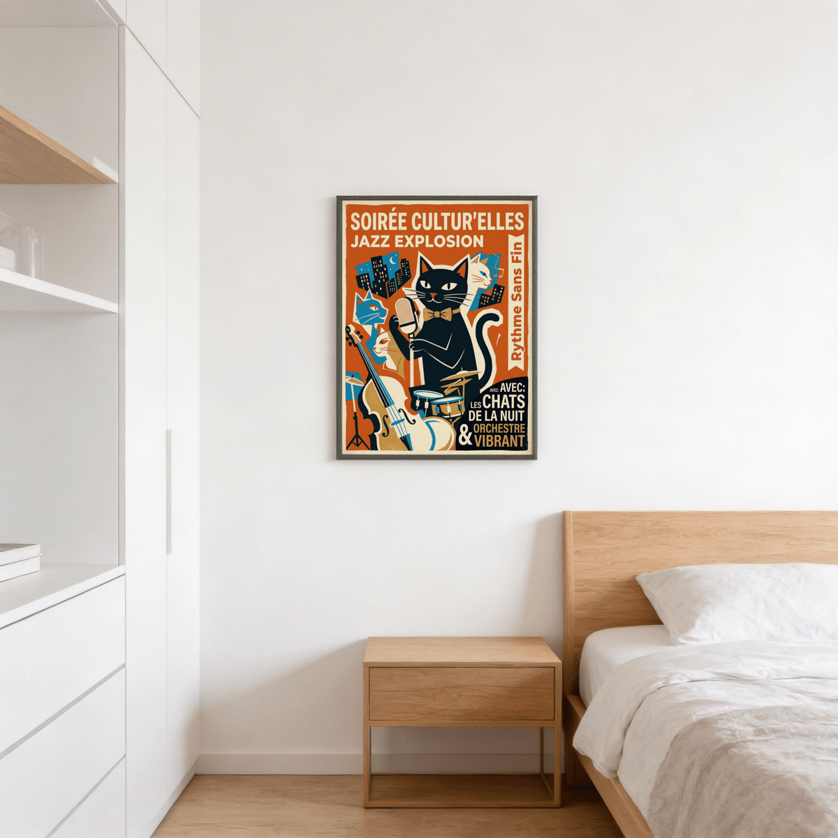 Framed Vintage Jazz Poster featuring a black cat with a microphone above a wooden bedside table in a bedroom