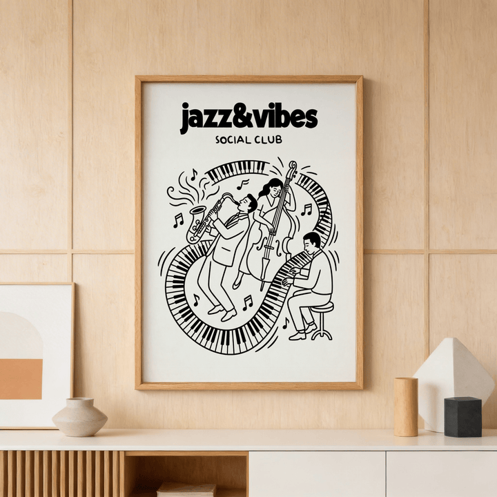 Jazz Music Wall Art print of a minimalist jazz band in black and white on a wooden panel wall above a sideboard with a ceramic vase