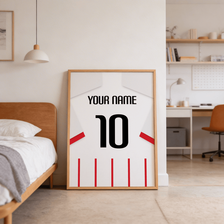 Football Shirt Poster in Red and White Stripes with White Sleeves leaning on the floor in a bedroom with wooden bed and desk