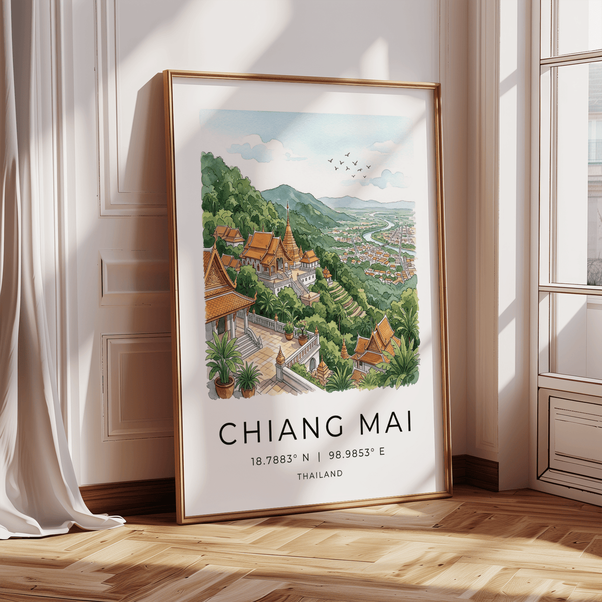 Chiang Mai art print leaning on floor by a window with long curtains in a bright room