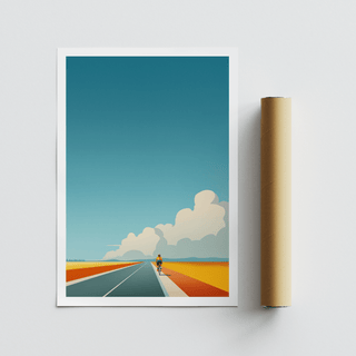 Bicycle Journey Wall Art minimalist illustration of cyclist on a road with blue sky and orange fields