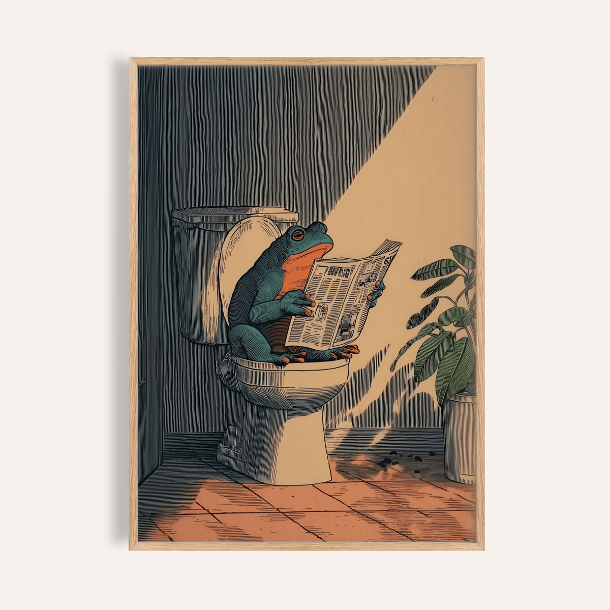 Frog Bathroom Art framed print close-up of a frog on a toilet reading a newspaper with a plant beside it