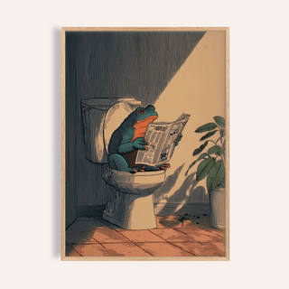 Frog Bathroom Art framed print close-up of a frog on a toilet reading a newspaper with a plant beside it