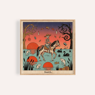 Framed print of Death Tarot Card Art showing a skeleton on a horse with folk-art style and teal water background