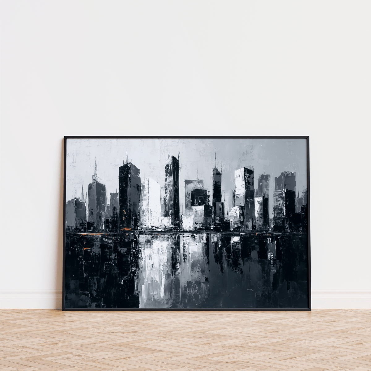 City Skylines wall art leaning on a wooden floor with a black frame and abstract city reflection in grey and black tones
