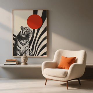 Modern Tiger Poster with a sitting tiger and red sun above a stone shelf and armchair
