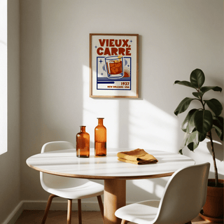 New Orleans Cocktail Print in a retro style in brown orange and blue colours above a dining table with two brown bottles