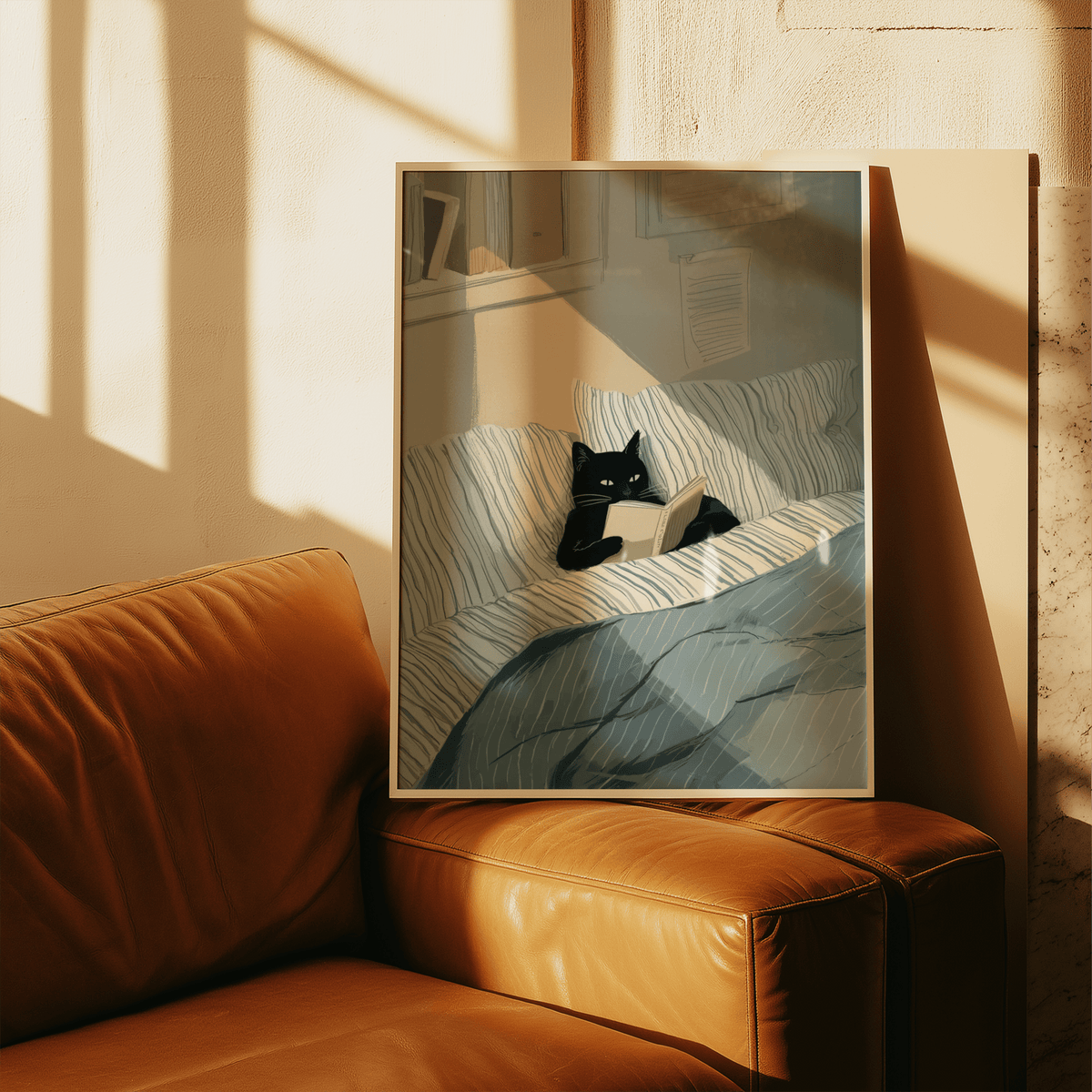 Cat reading book wall art leaning on brown leather sofa with shadows on a wall