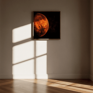 Mars wall art in wooden frame hung on a wall with sunlight and wooden floor visible