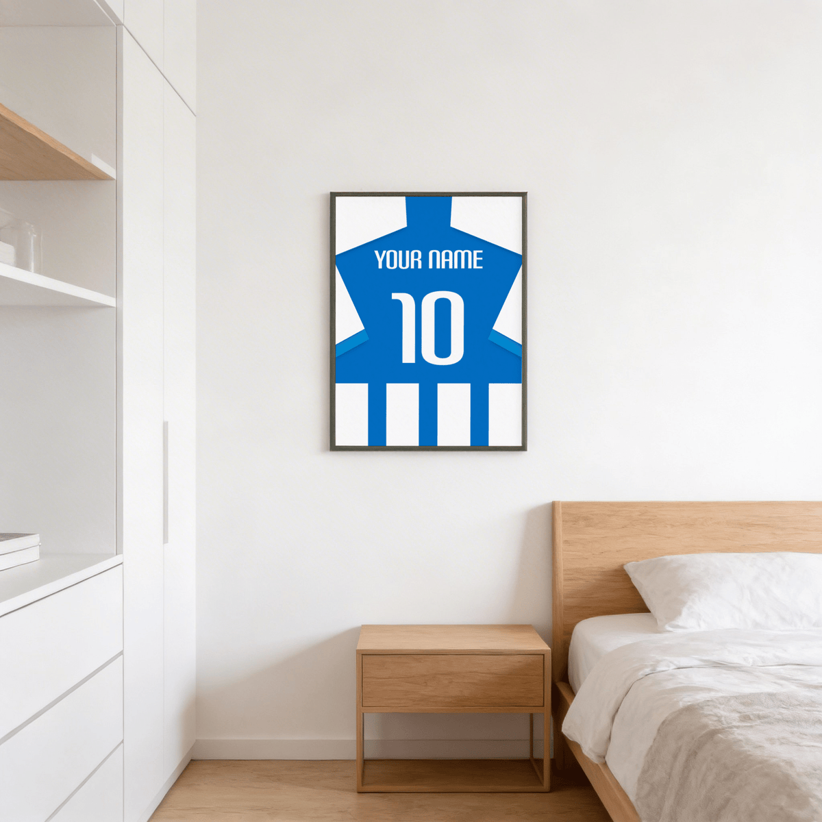 Football Shirt Poster in Blue and White Stripes with Striped Sleeves on a bedroom wall above a wooden bedside table