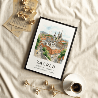 Zagreb City Art Print in a black frame with dried flowers and coffee cup on a fabric surface
