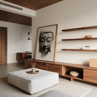 Zen Home Decor featuring Buddha wall art in black and white leaning on a wooden cabinet