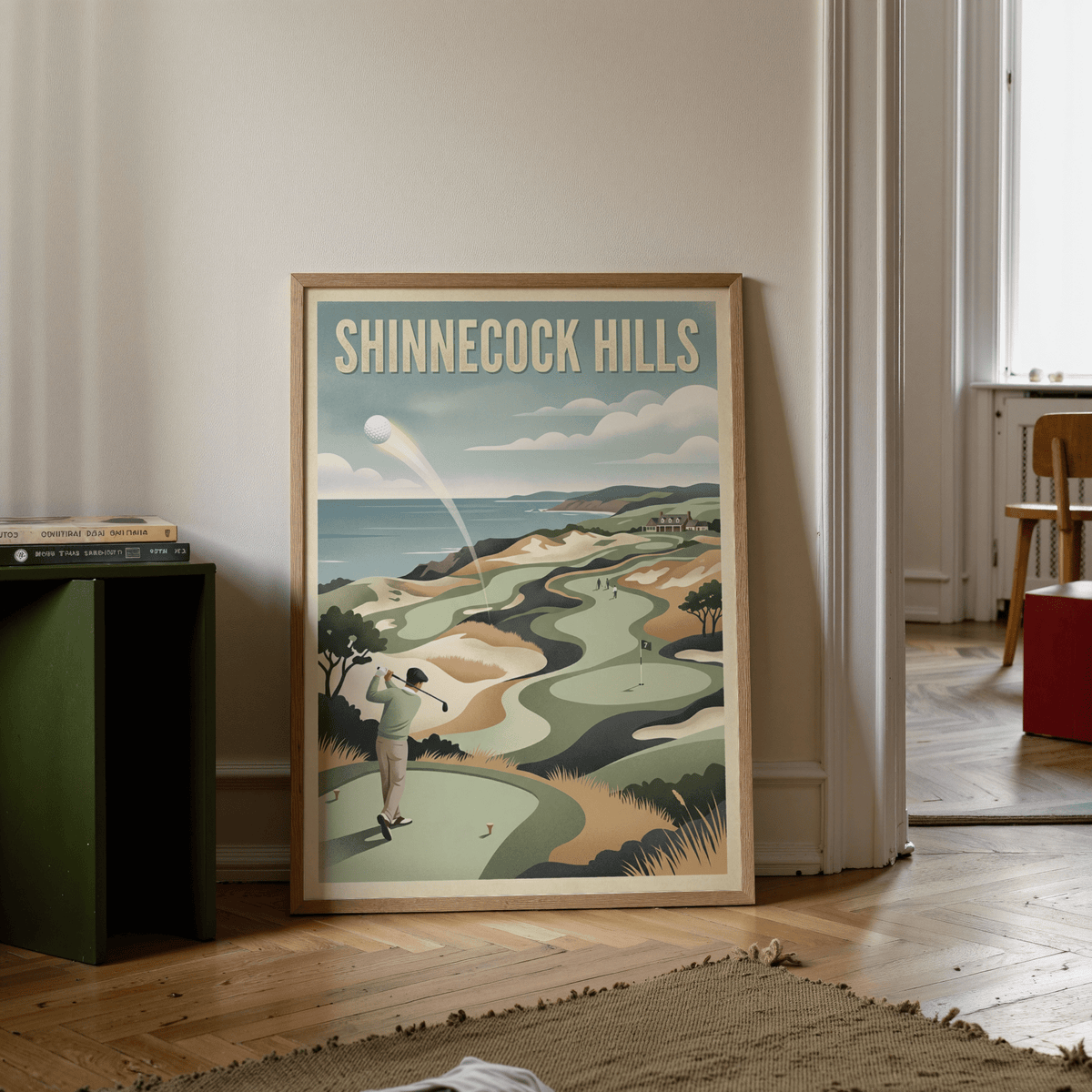 Print leaning on floor of Long Island Golf Art Print showing a golfer teeing off in vintage style with muted colours