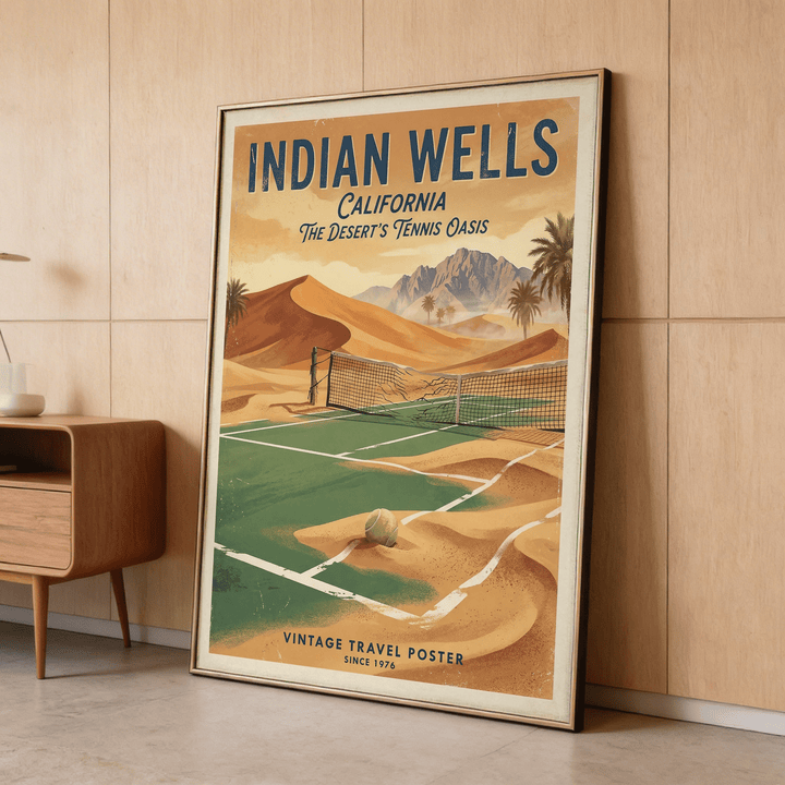 Vintage Tennis Poster with a green tennis court and desert dunes leaning against a wooden wall by a cabinet