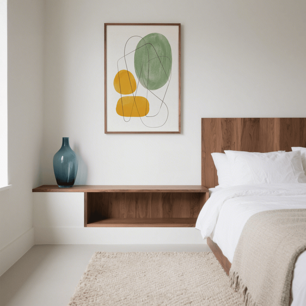 Yellow and green print with abstract organic shapes in a minimalist bedroom above a wooden shelf with a blue vase