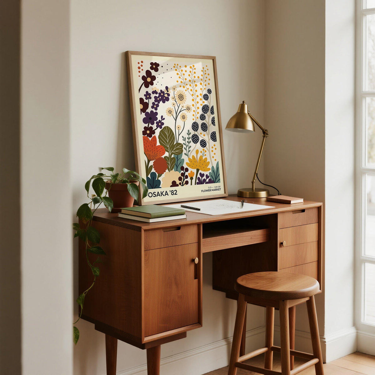 Flower Prints Art print leaning on wood desk with plant and brass lamp in room