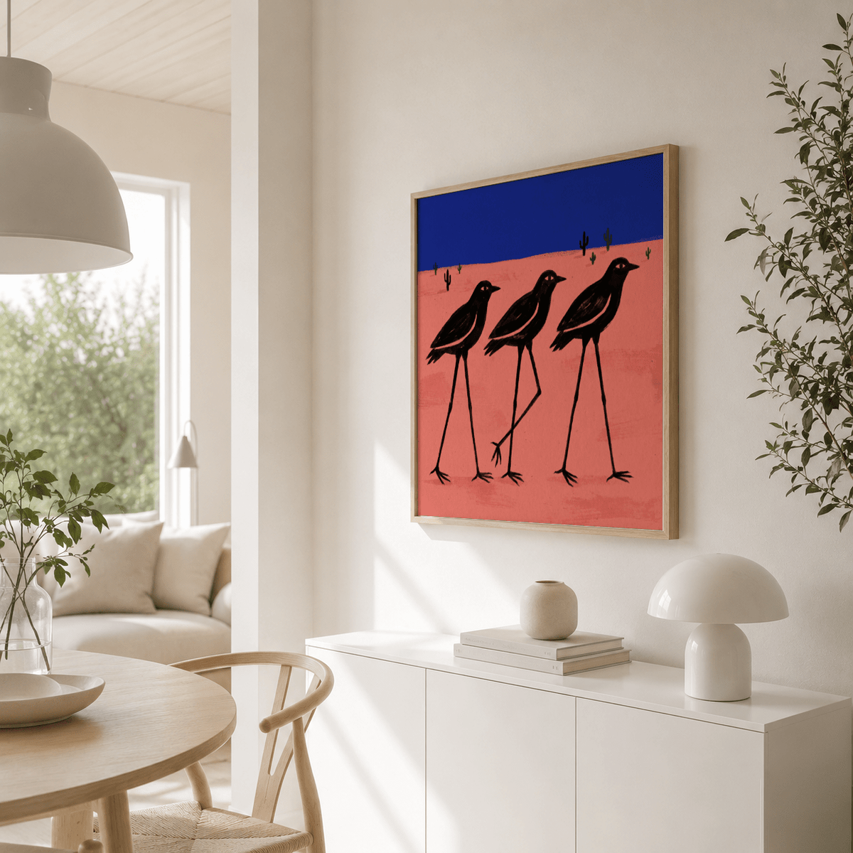 Desert Bird wall art of black stylised birds on a pink desert with blue sky in a bright dining room