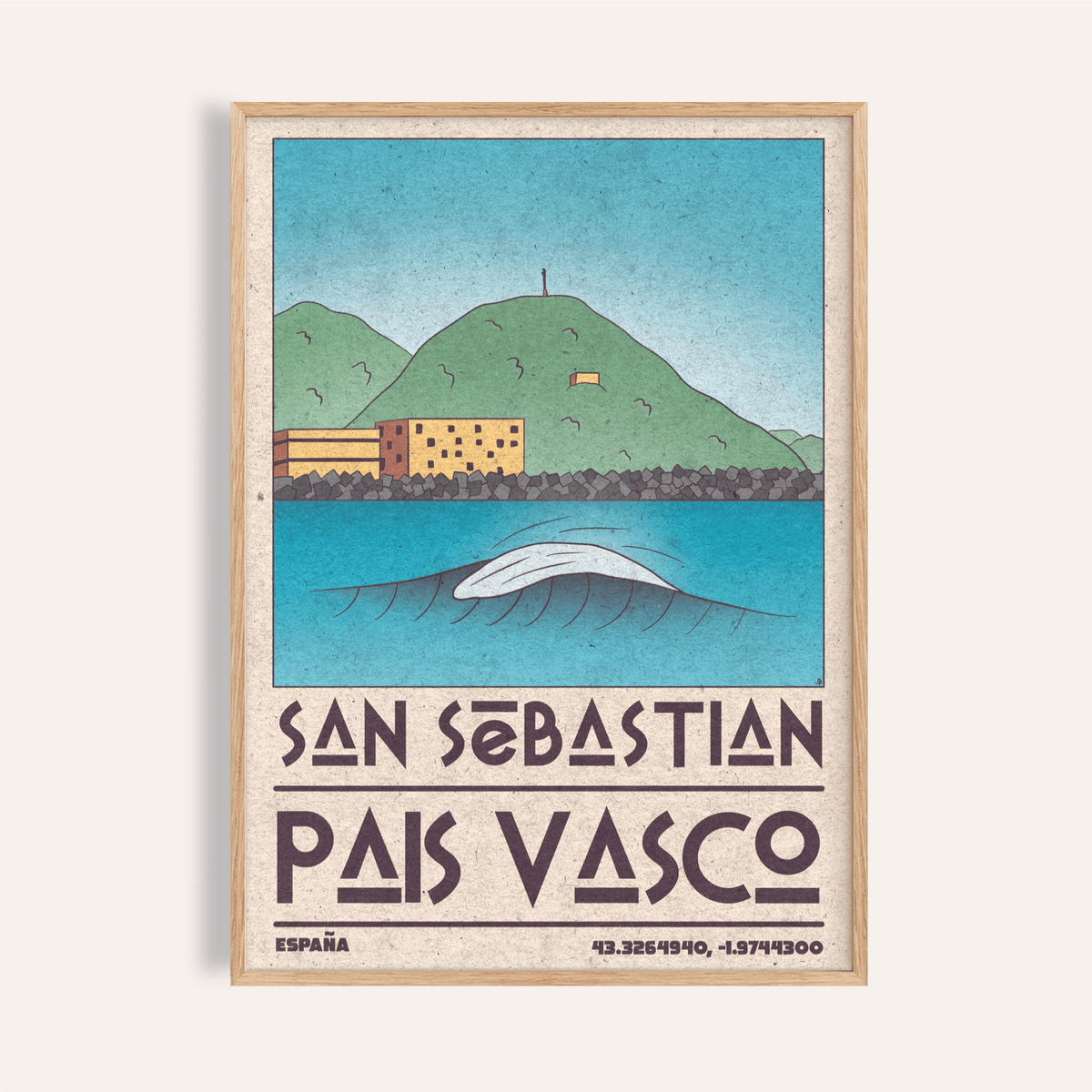 Framed Pais Vasco Print of a minimalist San Sebastian wave breaking with green hills and blue sky