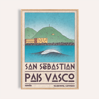 Framed Pais Vasco Print of a minimalist San Sebastian wave breaking with green hills and blue sky