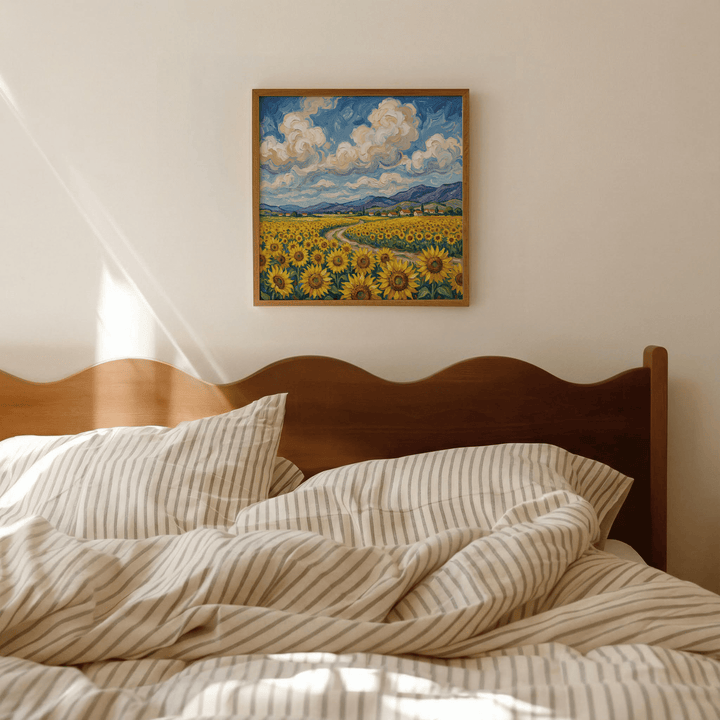 Sunflower Field Poster framed print of a sunflower field with a winding path in a bedroom above a wooden headboard