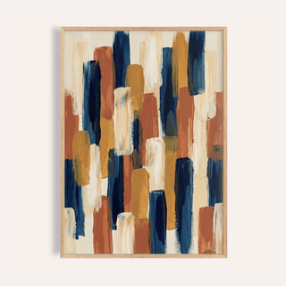 Abstract wall art with vertical brush strokes in blue brown and cream tones
