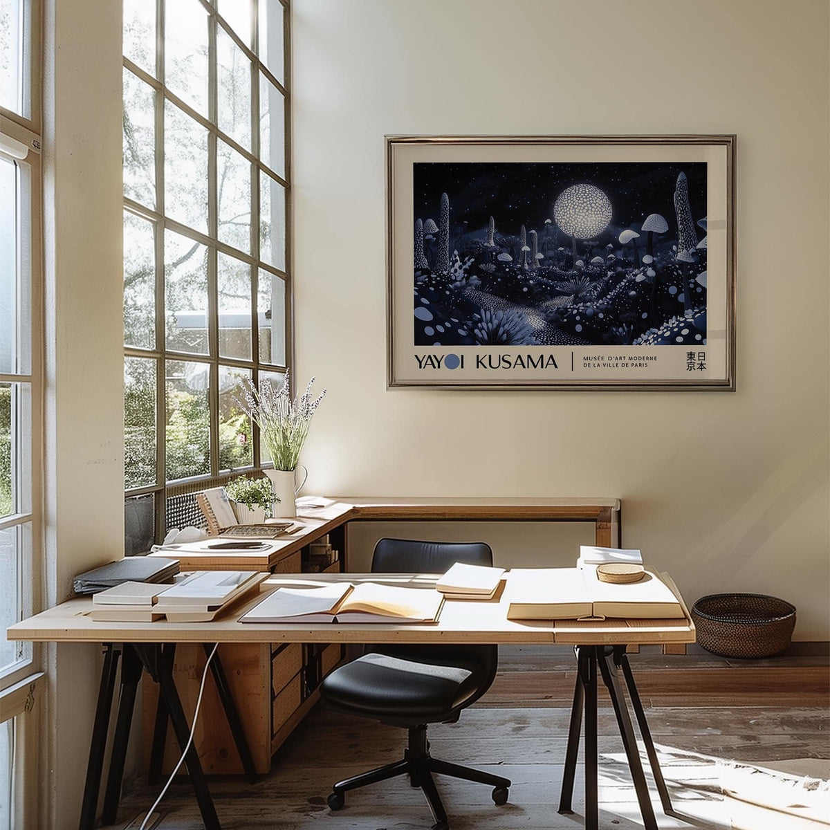 Moon Art Wall showing an illustration of glowing mushrooms with a bright moon above a desk
