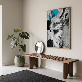 Japanese Fox Print on a wall in a hall with a wooden bench and a potted plant